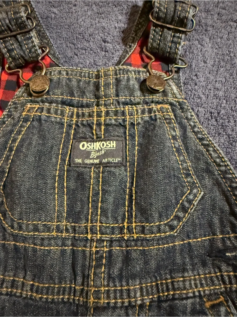 OshKosh B'gosh Dark Blue Denim Overalls with Yellow Stitching 9M